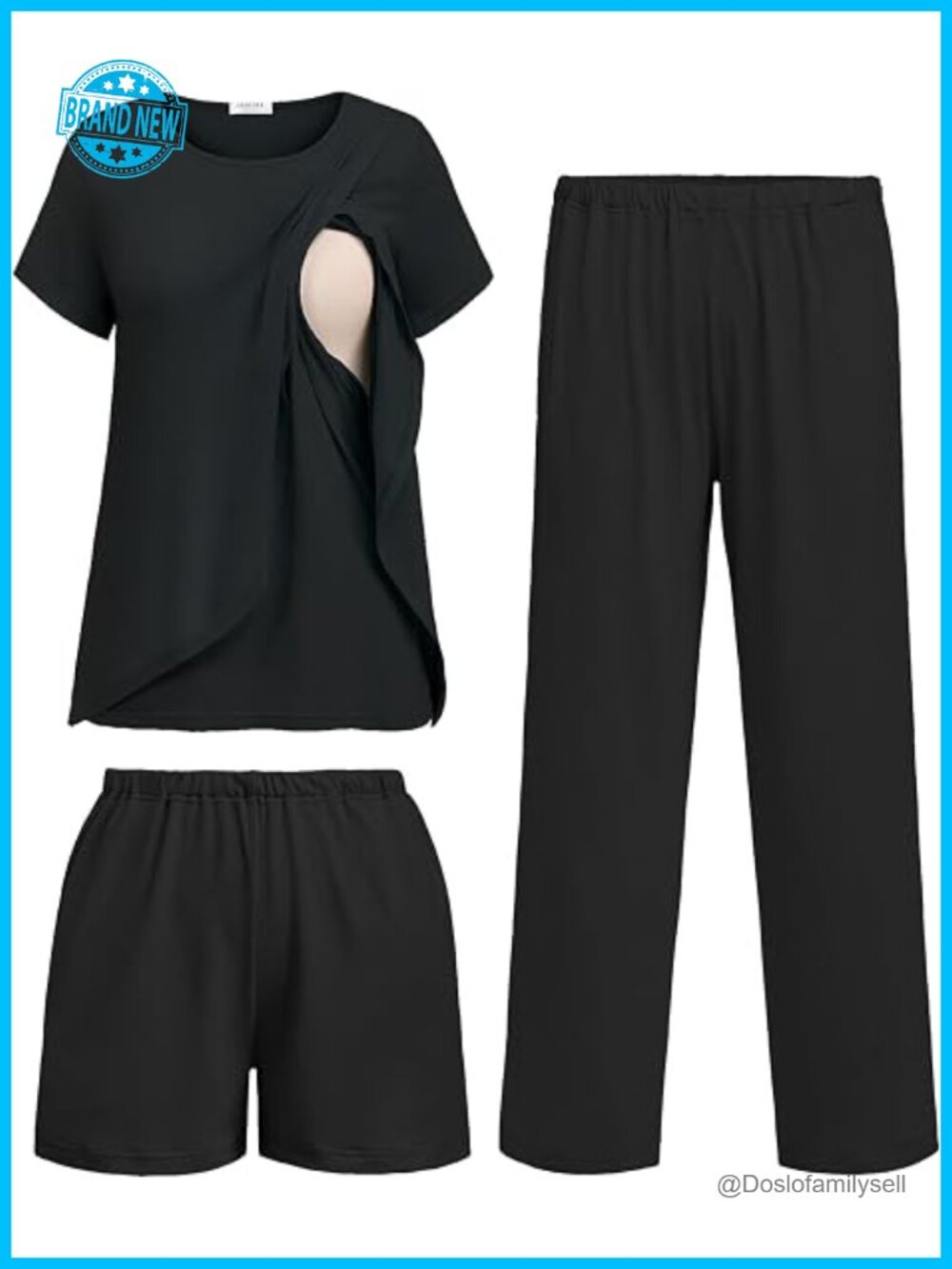 3PC Maternity Nursing Pajama Set Short Sleeve Top Shorts & Pants S-XXL